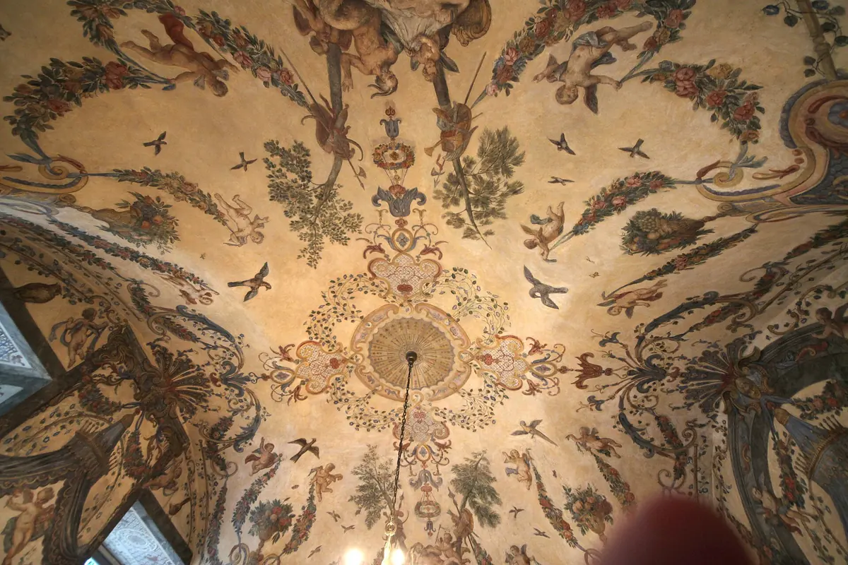 The vaulted ceiling of the Sala Terrena painted with garlands, cherubs, birds and a central medallion around a hanging lamp.